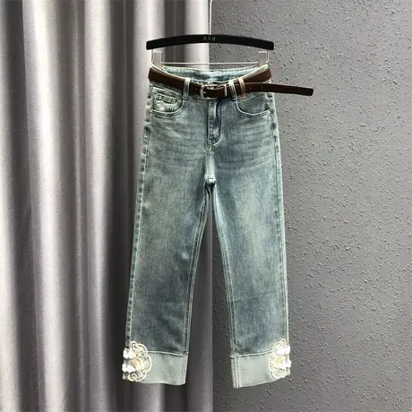 韩版烟管裤女24春夏新款个性刺绣国风气质高腰显瘦百搭九分牛仔裤图片