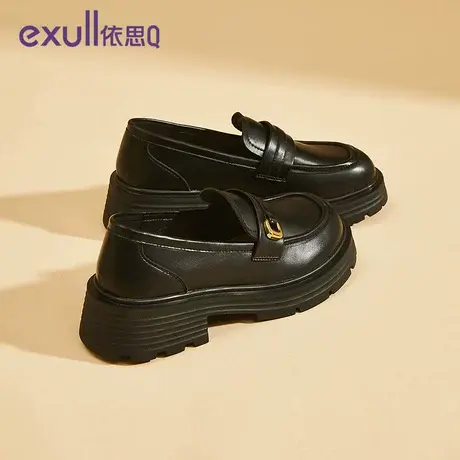 依思q厚底乐福鞋女2024春秋新款英伦风一脚蹬豆豆鞋浅口粗跟单鞋商品大图