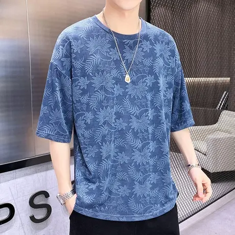 宽松冰丝体恤衫男士个性提花薄款短袖t恤夏季ins潮牌五分袖上衣服商品大图