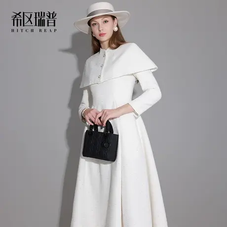 希区瑞普法式复古名媛小香风连衣裙2023新款秋冬斗篷式粗花呢伞裙图片