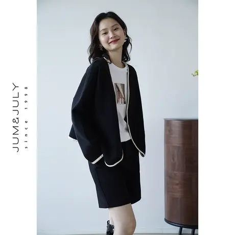 嘉茱莉2023早秋新款撞色包边针织开衫外套女蝙蝠袖宽松V领针织衫商品大图