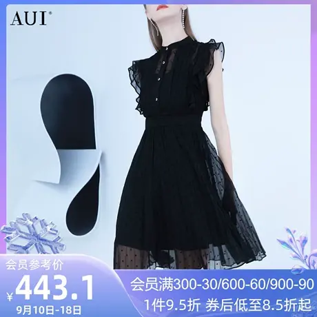 AUI赫本风黑色立领荷叶边连衣裙女夏2023新款名媛气质无袖雪纺裙图片