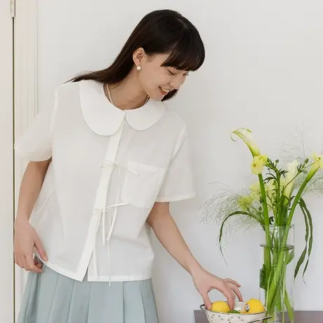omont蛋挞家 复古不对称娃娃领蝴蝶结绑带短袖衬衫女夏季新款上衣图片