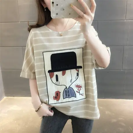 贴布t恤女装2023夏装新款条纹撞色半袖短袖百搭t恤上衣女潮图片