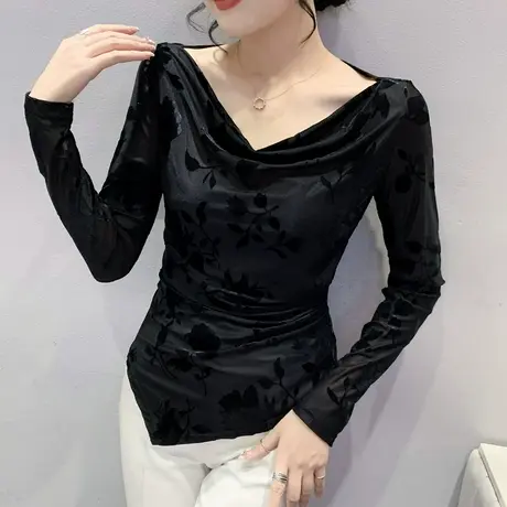 性感黑色网纱打底衫女春秋时尚一字肩T恤长袖不规则下摆修身上衣商品大图