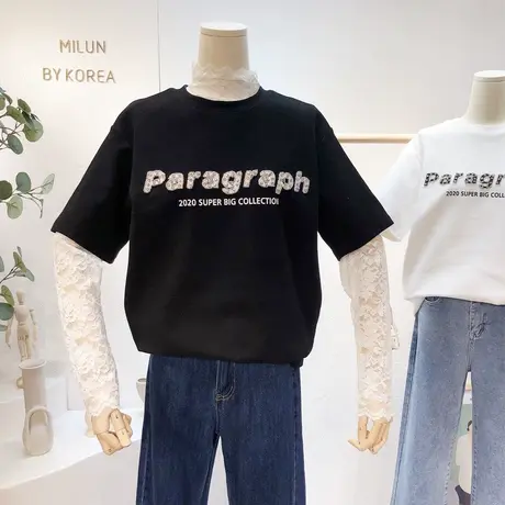 修身磨毛绒T恤2021早春新款韩国东大门重工水钻字母短袖打底欧货图片