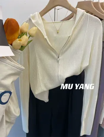 尖货！绵羊毛 短款拉链连帽显瘦针织衫女春秋长袖小个子套头开衫商品大图