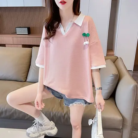 设计感小众V领短袖t恤女夏季韩版宽松大码小个子翻领polo衫上衣服图片
