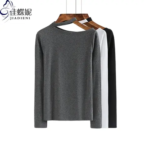 春秋新款韩版纯白修身显瘦长袖女装体恤打底内搭纯色休闲上衣T恤商品大图