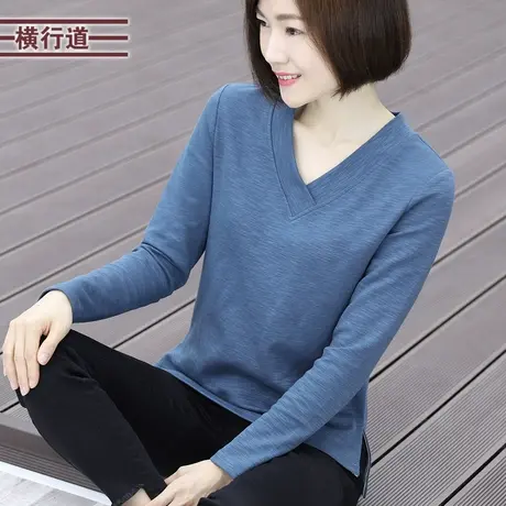 2023冬装纯棉v领上衣中年妈妈装长袖t恤女装外穿大码竹节棉打底衫商品大图