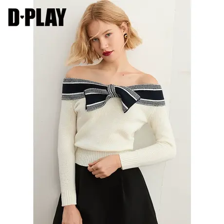 DPLAY【黑标】2021秋装新气质优雅一字肩针织上衣蝴蝶结套头毛衣商品大图