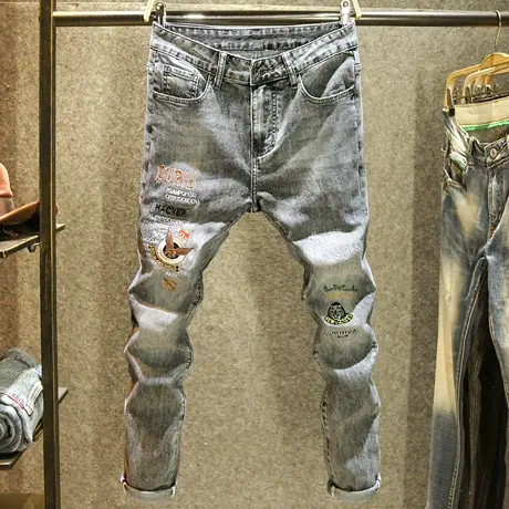 高端时尚牛仔裤男款刺绣修身小脚黑灰色潮牌男士裤子潮流休闲长裤商品大图