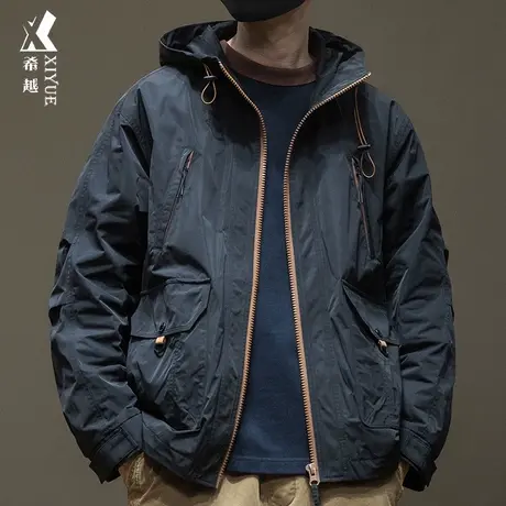 希越户外防水工装风冲锋衣男2023秋季宽松大码多口袋撞色拉链外套商品大图