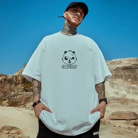 潮牌短袖T恤宽松小熊套头简约胖子加肥加大纯棉大码男装夏季潮流商品大图
