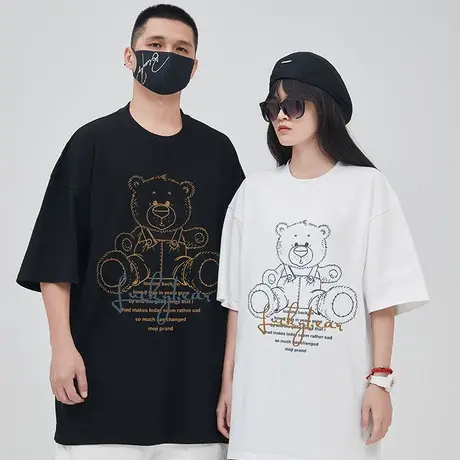 潮流情侣国潮宽松中性大码卡通小熊短袖T恤男潮潮牌夏季半袖男女图片