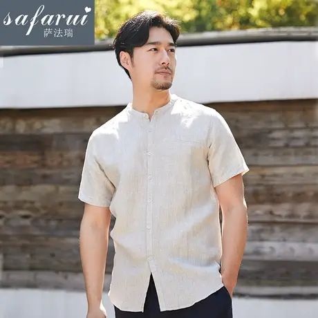 亚麻短袖衬衫男立领宽松夏季休闲白色棉麻衬衣麻布男装上衣简约商品大图