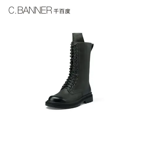 【直播间】千百度女靴新款骑士靴中筒靴复古系带潮流平底靴真皮图片