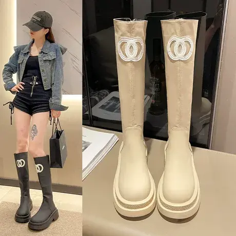 厚底小香风长筒靴女靴子小个子长靴白色增高女款时尚卡其色洋气图片