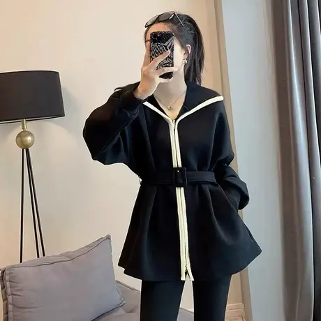 春秋季女士胖mm大码海军领显瘦遮肚子卫衣宽松收腰外套上衣200斤商品大图