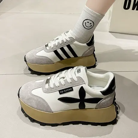 阿甘鞋女2024早春新款纯皮华夫小蛮腰休闲百搭厚底运动老爹女鞋潮商品大图