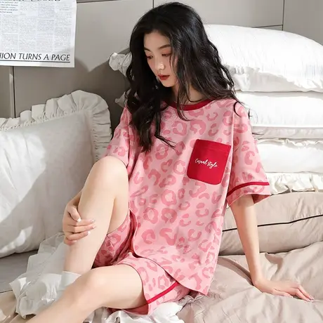 婷美纯棉睡衣女夏季薄款短袖短裤套头圆领夏天甜美休闲家居服套装图片