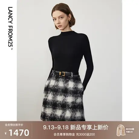 朗姿半高领复古格纹设计感假两件法式连衣裙2023年冬季新款裙子女图片