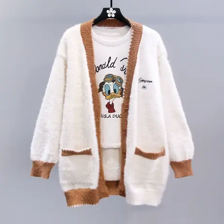 刺绣撞色V领毛衣外套女秋冬2023新款宽松慵懒学院风减龄针织开衫图片