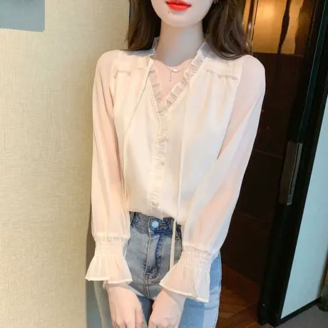 早秋新款女装2023衬衫法式独特别致蝴蝶结长袖上衣防晒夏小衫雪纺商品大图