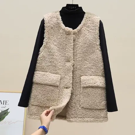 韩版2023春秋新款皮毛一体羊羔毛马甲女宽松毛绒坎肩背心马夹外套图片