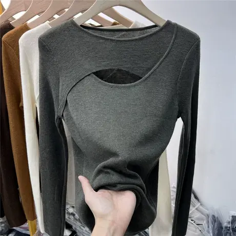 镂空露胸软糯薄款长袖针织衫女上衣2022秋装新款洋气打底衫毛衣潮商品大图