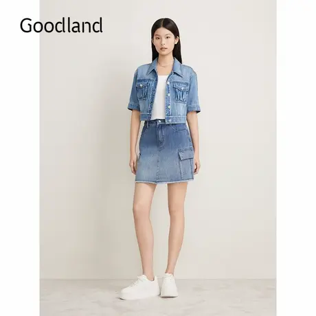 Goodland美地夏季法式复古纯棉烫钻牛仔短外套图片