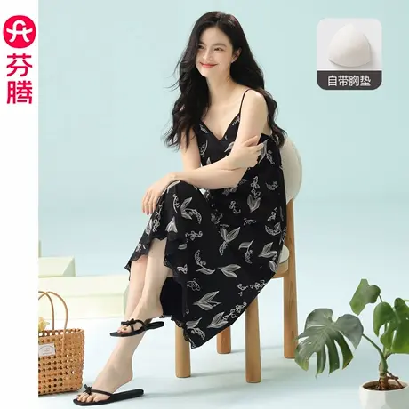 芬腾吊带带胸垫睡裙女夏季纯棉薄款睡衣裙大码可外穿家居服连衣裙图片