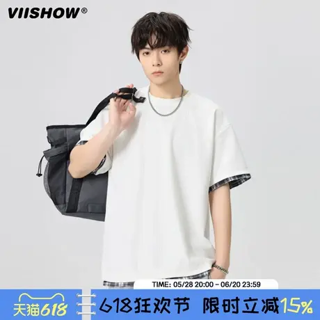 VIISHOW美式拼接条纹t恤男夏季潮牌圆领短袖高街复古休闲半袖上衣商品大图