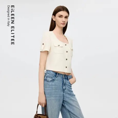 朗姿欧洲EiLEEN ELITEE2025年秋新款三醋酸U型领短袖白色短外套女图片