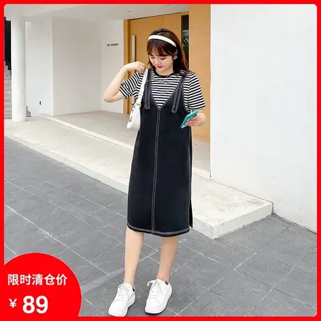 2023夏季新款条纹黑白T恤宽松直筒背带裙显瘦大码胖MM两件套装裙商品大图