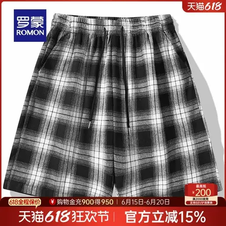 罗蒙男士透气格子休闲五分裤2025夏季薄款松紧腰抽绳百搭舒适短裤商品大图