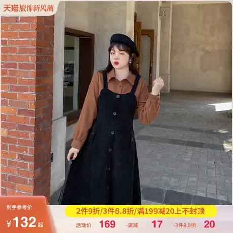 绮娑大码女装2023秋季衬衫领背带裙拼接假两件套胖MM灯芯绒连衣裙图片
