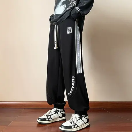 束脚休闲裤子男春秋季美式宽松拼接卫裤男生潮牌阔腿织带运动长裤图片