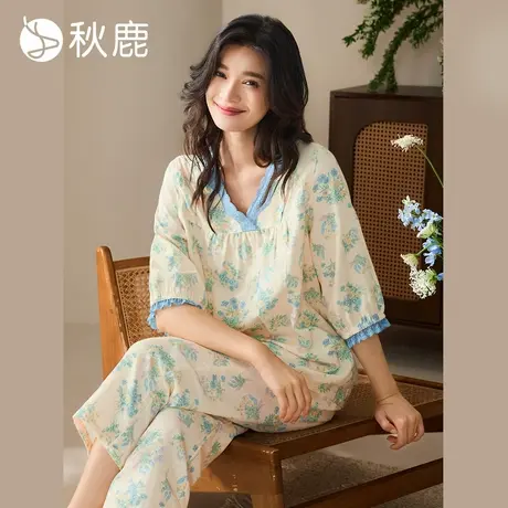 秋鹿【直播专享】睡衣双层纱抗菌印花V领七分袖九分裤女套纯棉商品大图
