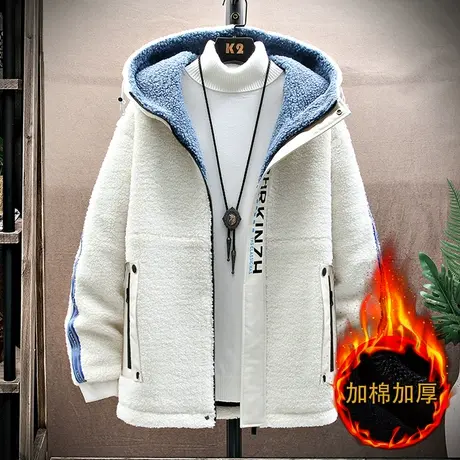 颗粒绒外套男潮牌2023年新款羊羔毛加厚款冬装中学生连帽冬季男装商品大图