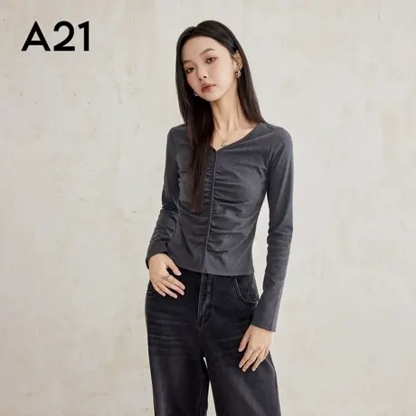 A21女装针织修身V领长袖长袖T恤上衣打底衫2025新款打底上衣女装商品大图
