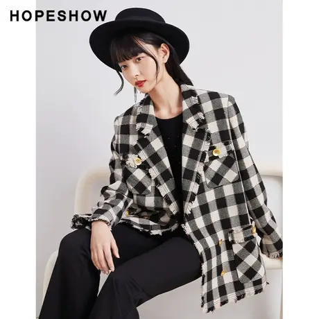 红袖outlets格纹双排扣西装2022秋季款设计感毛边做旧一手长外套商品大图