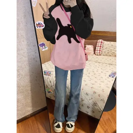 薄款插肩袖圆领长袖卫衣女2023年早秋新款宽松百搭无帽上衣外套潮图片