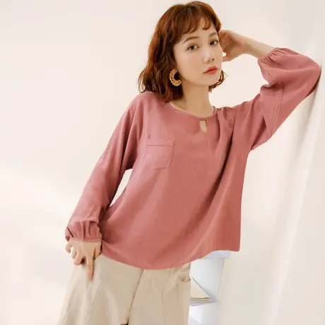 桔熊春季通勤新中式小衫宽松口袋舒适麻料长袖上衣女大码AB18099图片