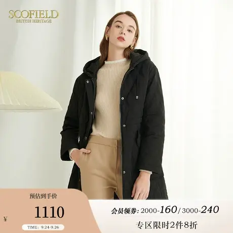 Scofield女装连帽抽绳后开叉设计保暖中长款黑色棉服冬季厚外套商品大图
