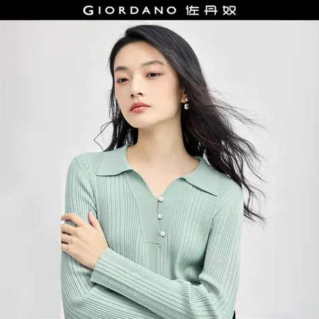 佐丹奴针织衫女装贝壳纽扣V字翻领竖条毛织套头针织衫 18354214商品大图