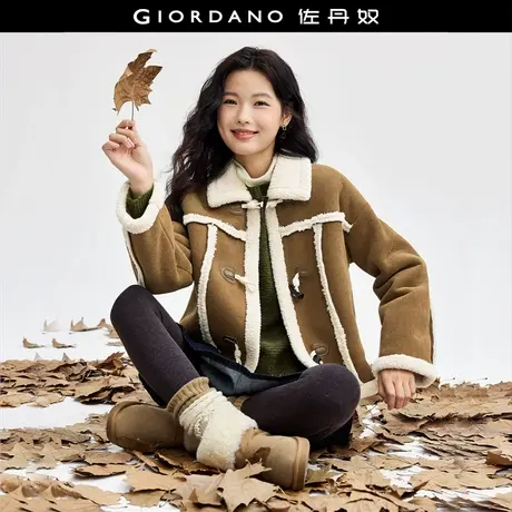 佐丹奴外套女装灯芯绒拼接仿羊羔绒翻领牛角扣针织外套 18374914商品大图