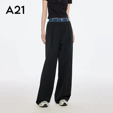 A21女装撞色拼接双裤腰休闲裤长裤宽松直筒裤百搭图片