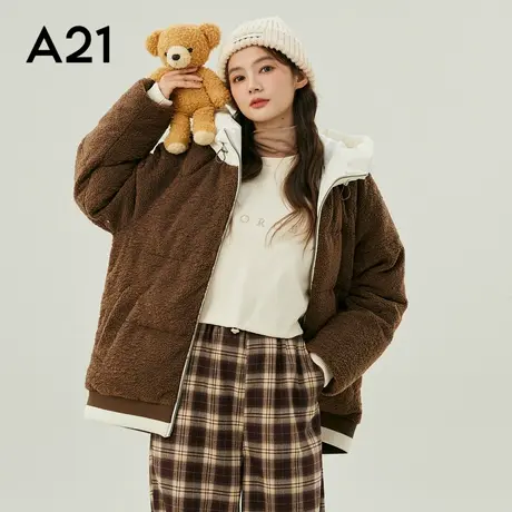 A21女装软糯绒感厚羽绒服女冬季新品小熊口袋拼色连帽外套商品大图