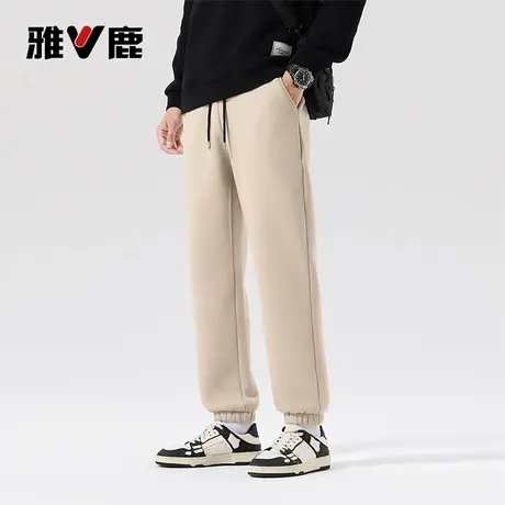 雅鹿男士卫裤加绒加厚直筒青年休闲裤宽松束脚松紧腰纯色长裤男商品大图